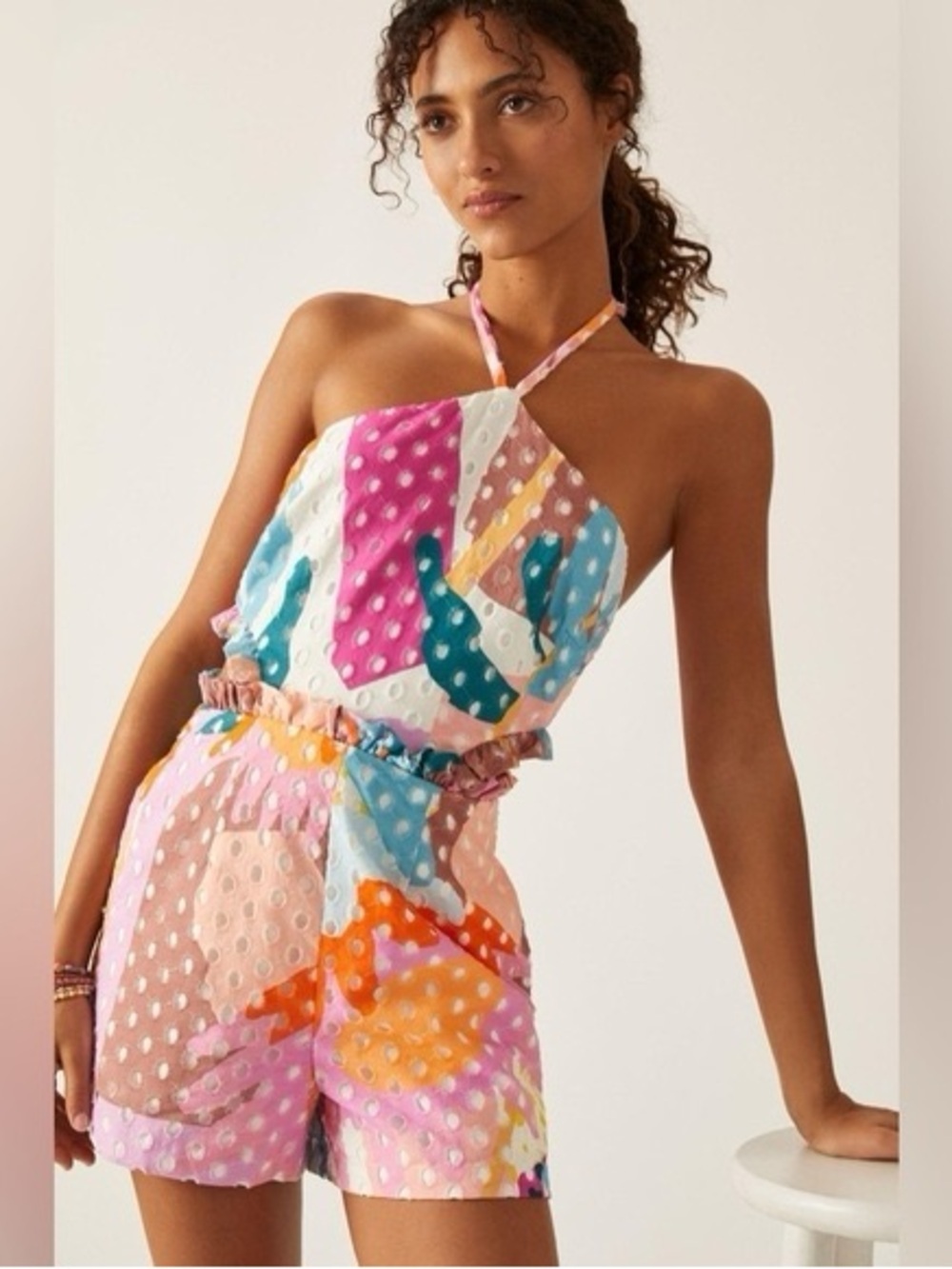 Anthropologie Hutch romper halter neck open back cutout colorful vacation resort